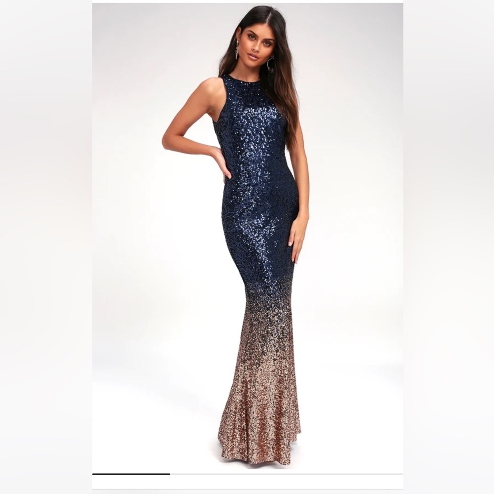 Lulus Infinite Dreams Rose Gold and Navy Blue Ombre Sequin Maxi Dress